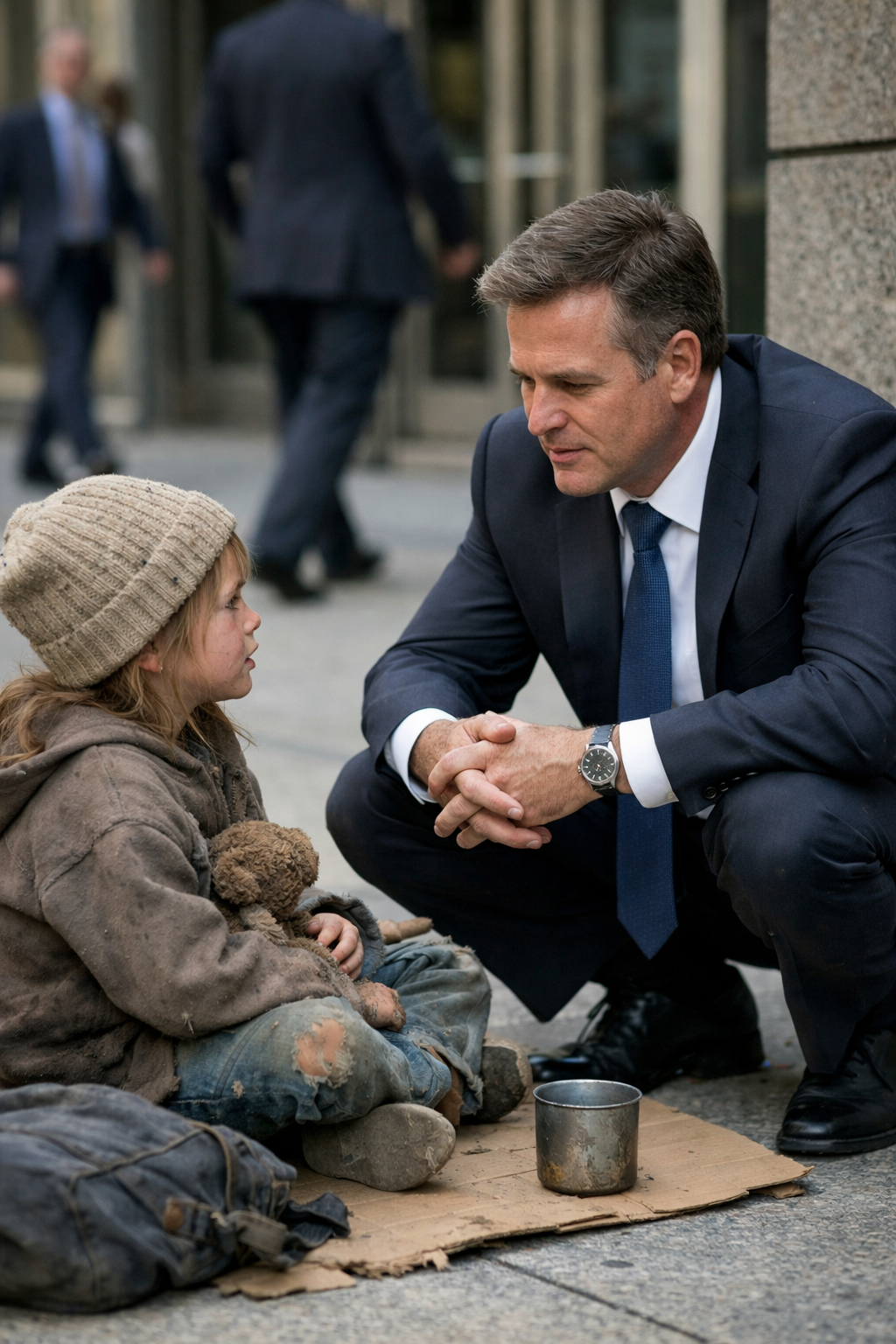 He Stepped Out of His Luxury Office and Publicly Shamed a Homeless Little Girl Asking for Help — What He Saw in the Old Photo She Clutched Made Him Freeze in Front of Everyone
