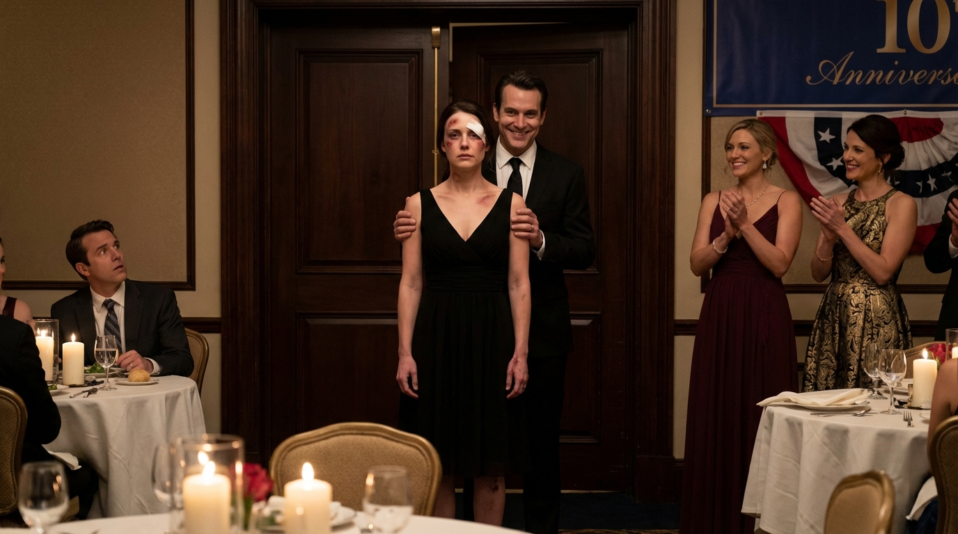 Everyone froze when they saw my bruised face at our anniversary dinner. My husband bragged his sisters ‘taught me respect.’ What he didn’t expect… was my twin sister showing up to teach him a lesson.