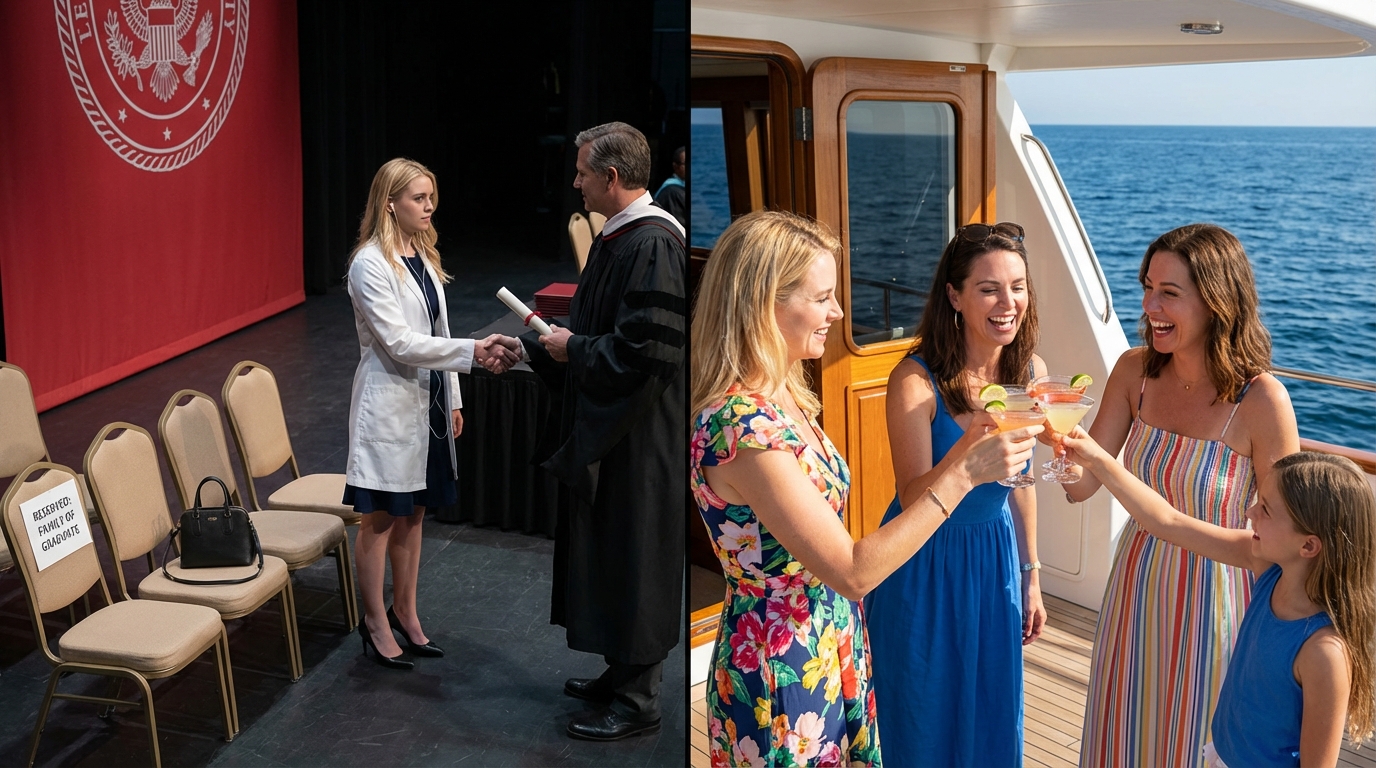 I spent $12,000 to fly my family to my graduation — they chose a cruise instead and said, ‘You’re not a real doctor anyway.’ So I sent them photos of their empty seats… and told my story to the world.