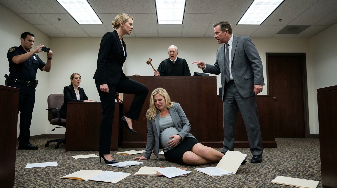 “She didn’t fall—she was kicked.” Mistress Kicks Pregnant Wife In Court — Millionaire Has No Idea The Judge Is Her Father