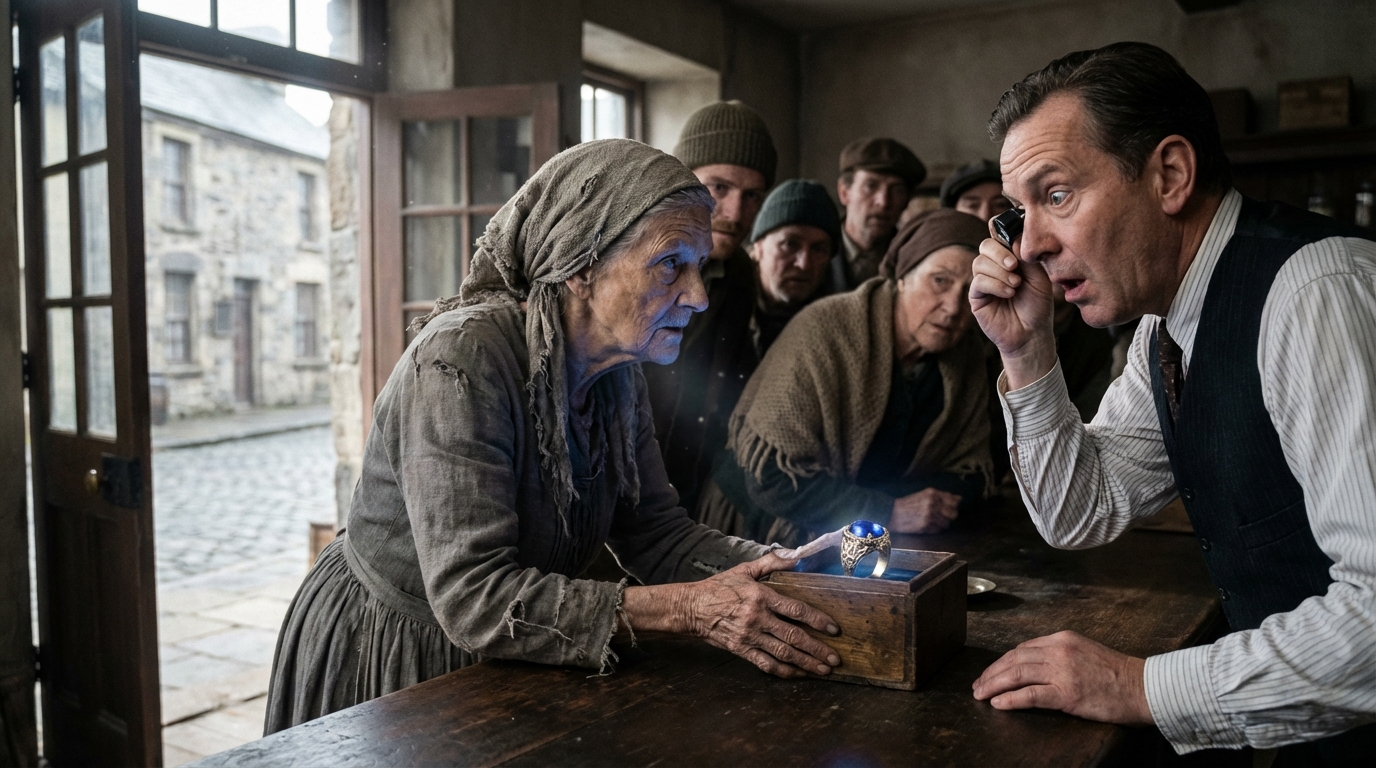 La anciana entró a la joyería arrastrando ligeramente los pies. Llevaba un rebozo gris deshilachado, sandalias gastadas y un vestido sencillo que parecía haber pasado por demasiados inviernos. Su cabello blanco estaba recogido sin cuidado, y en sus manos temblorosas sostenía una pequeña bolsa de tela, vieja, cerrada con un nudo.