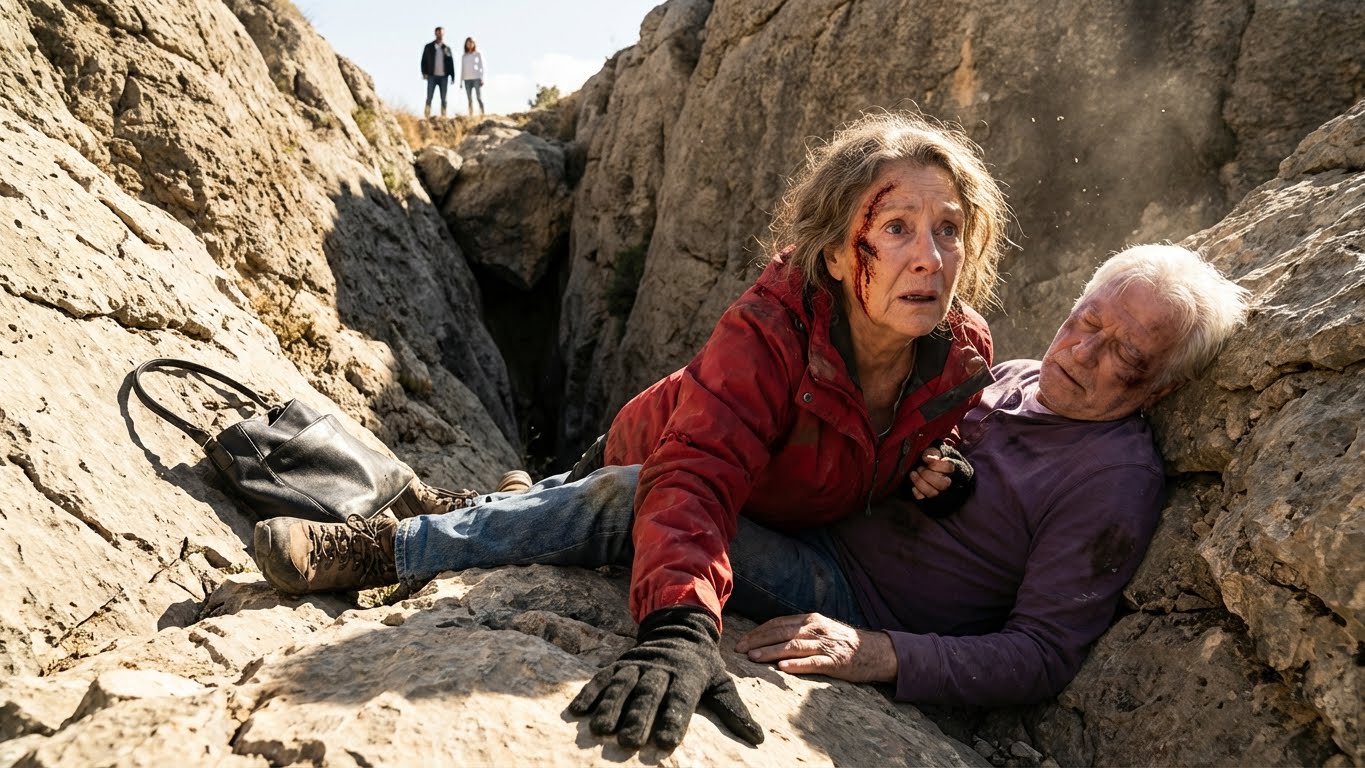 On the mountain path, my daughter-in-law and my son suddenly pushed my husband and me off a cliff. Lying down there, bleeding, I heard my husband whisper: “Don’t move… pretend to be dead!” When they left, my husband revealed a truth more terrible than the fall.