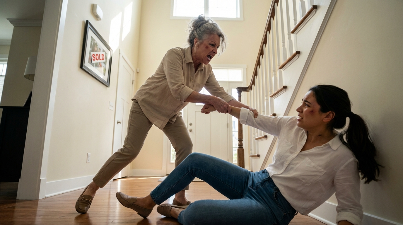 “I said no when my mom forced me to cover my brother’s $80k tuition. She forged my signature, sold my dream house, and threw me out after pushing me from the second floor. The news the next day changed everything.”