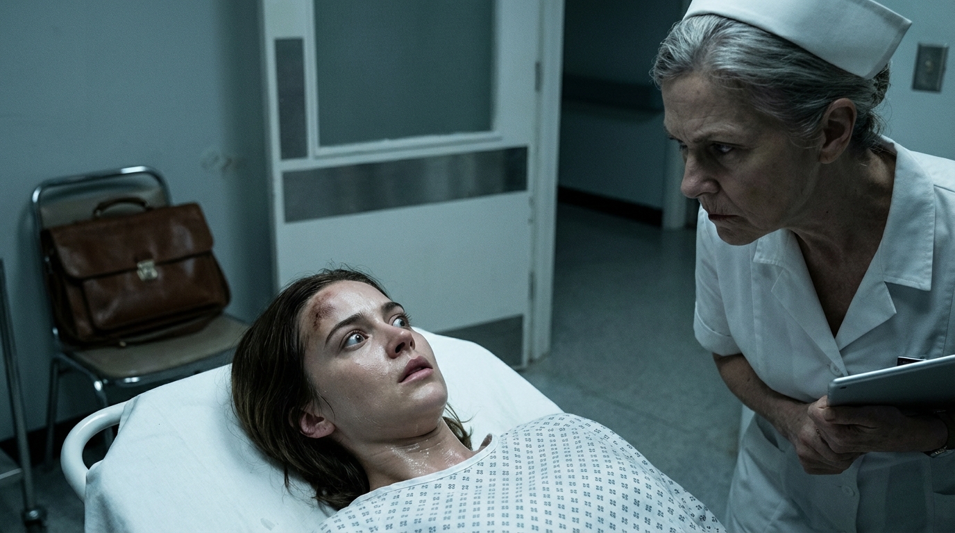 Cinematic medical thriller video, medium close-up, low-angle shot. Inside a cold, dimly lit hospital room, a young woman in her late 20s lies on a white stretcher, her skin glistening with thick drops of sweat and a fresh bruise on her forehead. Her expression is one of pure terror and shock, eyes wide and darting, chest heaving with shallow, rapid breaths as she hyperventilates. Standing over her is an older nurse with grey hair pulled back, wearing a traditional white nurse’s uniform and cap. The nurse’s face is stern and intensely serious, her eyes filled with a mix of professional coldness and hidden worry. In the blurry background, a worn-out brown leather handbag sits on a plastic chair near the bed. A heavy white hospital door with a small frosted glass window is visible in the distance, standing slightly ajar. The camera performs a very slow, dramatic zoom-in on the patient’s sweating face, capturing the glint of the fluorescent lights in her terrified eyes. Realistic movements, tense atmosphere, no overacting. No one looks at the camera.
