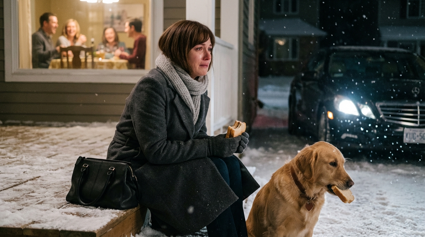 On Christmas night, I was left outside while my family ate inside. I shared my only sandwich with a freezing dog—and the diamond on his collar changed everything.