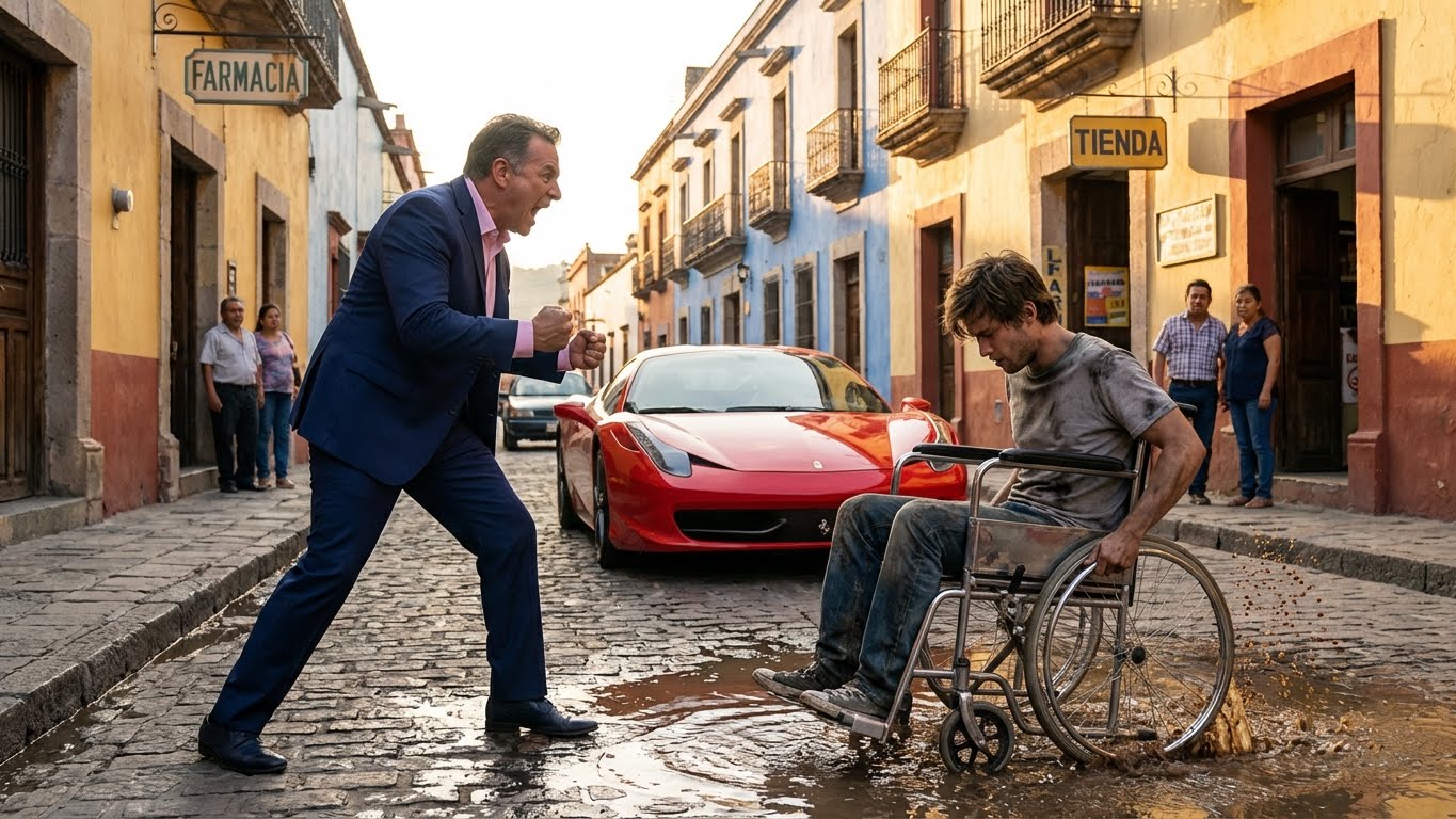 Se burló de un veterano discapacitado, escupiendo en su silla de ruedas y burlándose de sus piernas perdidas, convencido de que la riqueza lo hacía intocable. Minutos después, cincuenta motociclistas rodearon su Porsche y su confianza se desvaneció al aprender una lección que nunca olvidaría