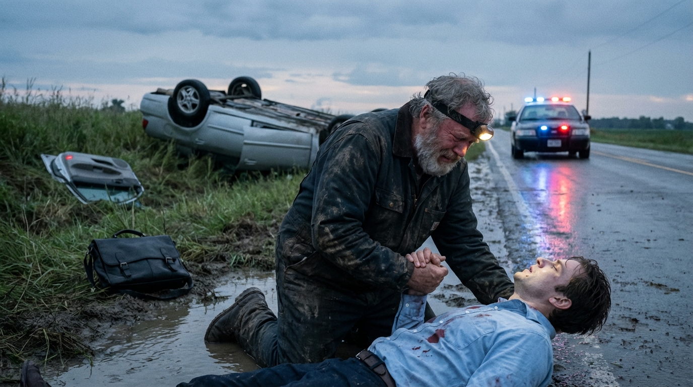 I found my son bleeding in a roadside ditch beside a staged crash. With his last strength, he whispered a name I never expected. What we uncovered next destroyed a respected man’s perfect image.