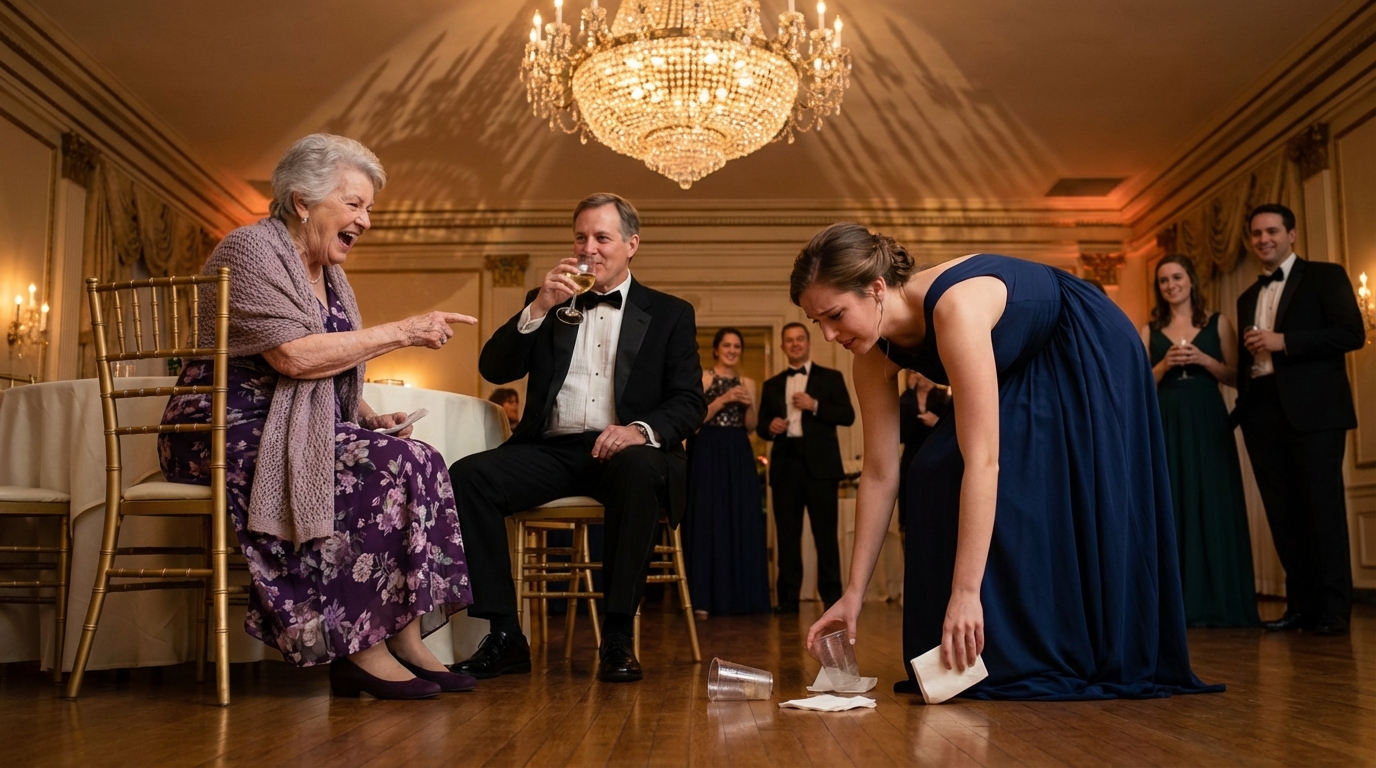 At my brother’s big day, his friend joked, ‘Did someone hire his sister to work the reception?’ My aunt joined in, ‘She should refill the drinks too.’ I kept cleaning. Then my son interrupted the dance, took the mic, and said, ‘The woman you’re mocking paid for all of this.’ The music stopped.