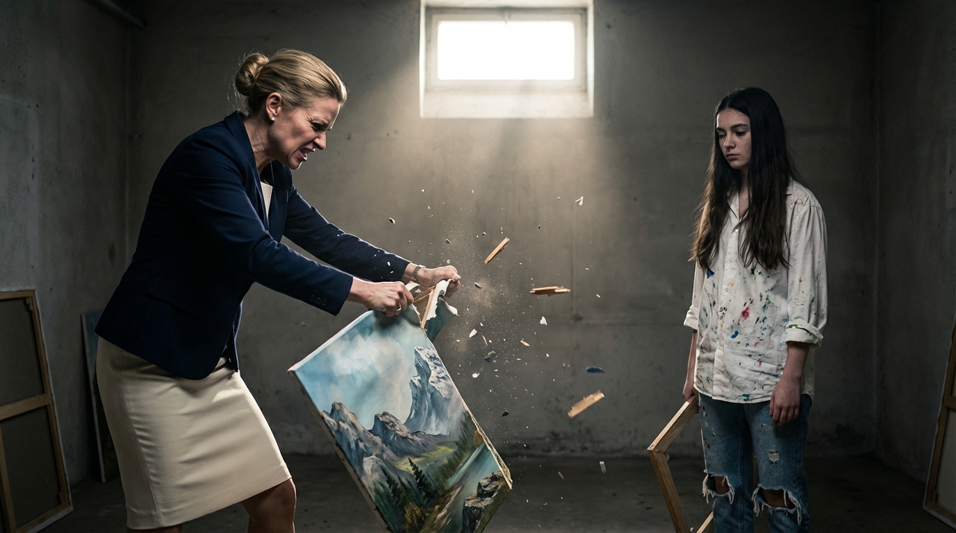 She stormed into my studio screaming that ‘real women don’t waste time on hobbies.’ Then she destroyed a canvas appraised at $350,000—thinking it was worthless. I didn’t say a word… until the gallery calls started coming in.