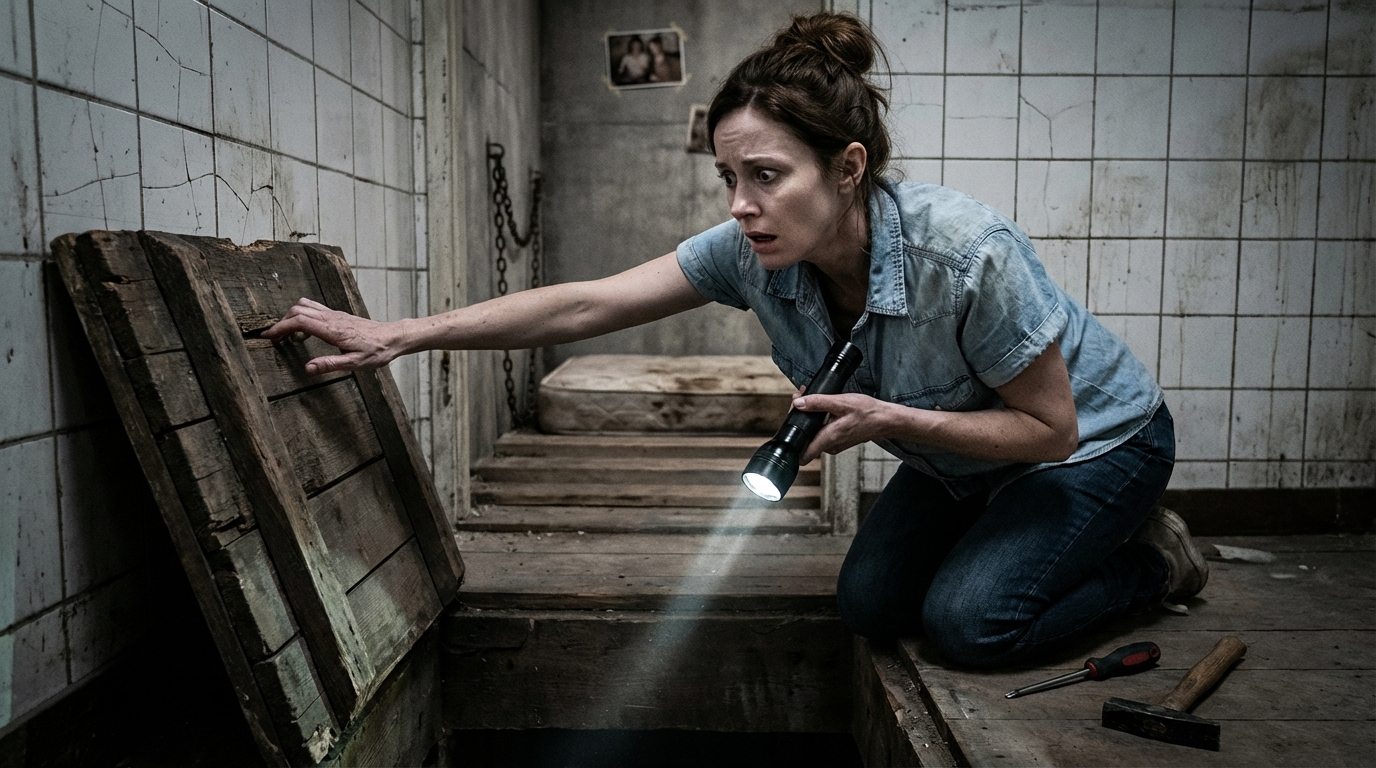 While checking the bathroom pipes, the plumber froze and backed away. He whispered, ‘You’ve got to get out — now.’ My eyes drifted to the floor, where the hatch had been hidden.