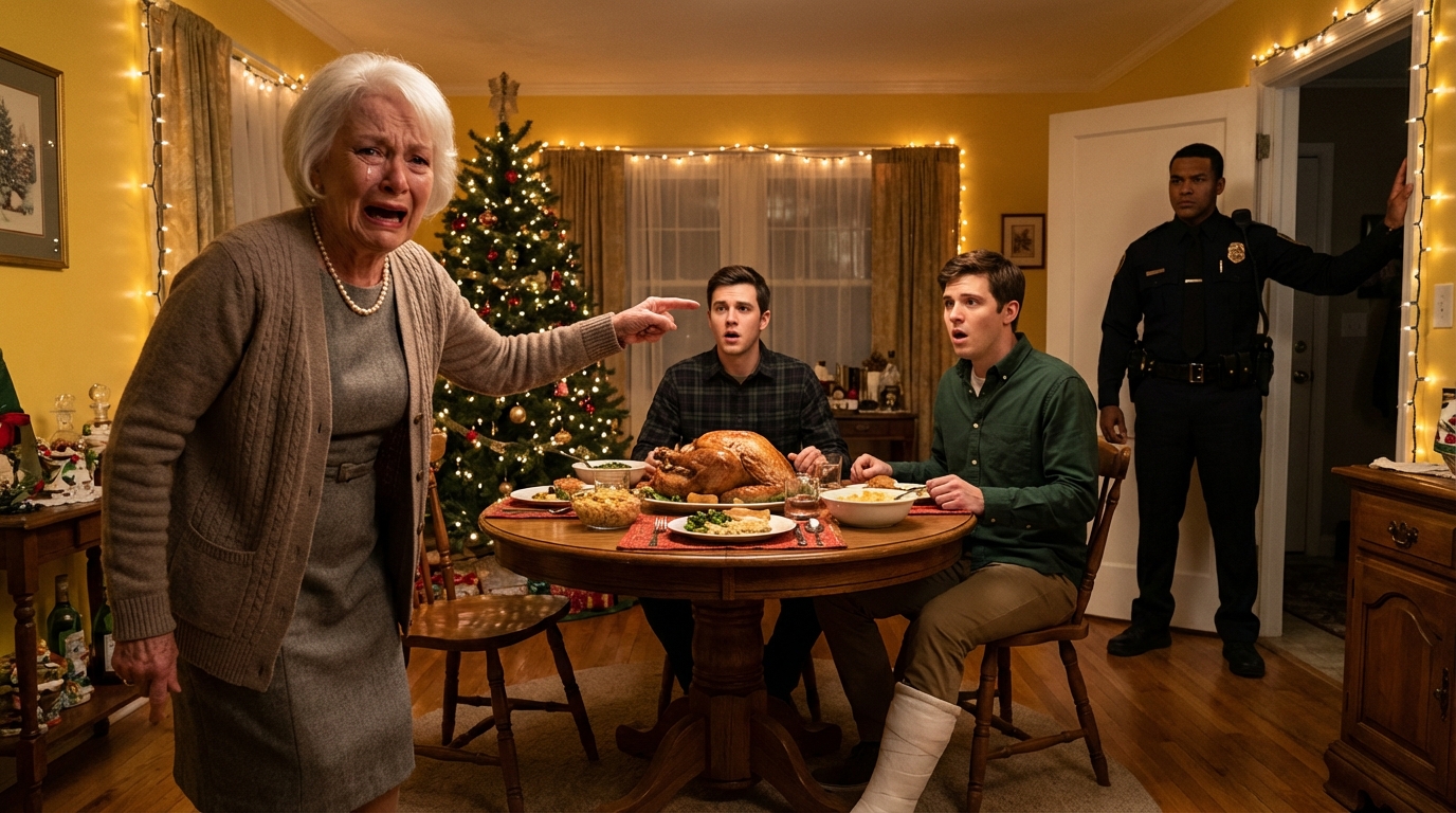 I entered christmas dinner hobbling on a foot trapped in a cast after my daughter-in-law deliberately sh0ved me days earlier, and the moment i crossed the threshold my son laughed quietly and said my wife just showed you your place you earned it, then the doorbell rang and i straightened up smiled and said come in officer.