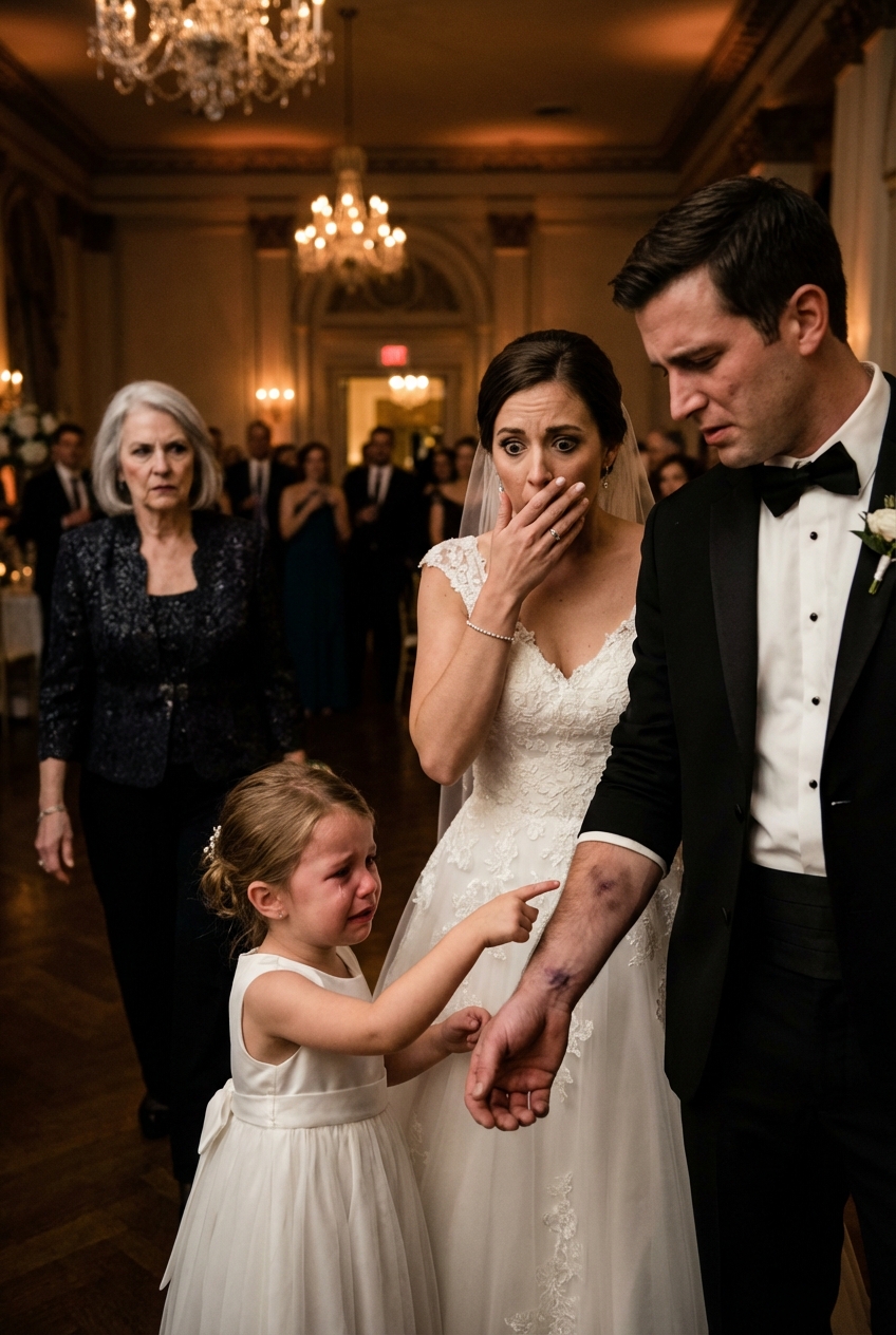 During my wedding, my seven-year-old daughter suddenly broke down in tears, pointing at my fiancé and begging, “Mom, look at his arm—I don’t want a new dad.” When I followed her gaze, the sight left me completely shaken.