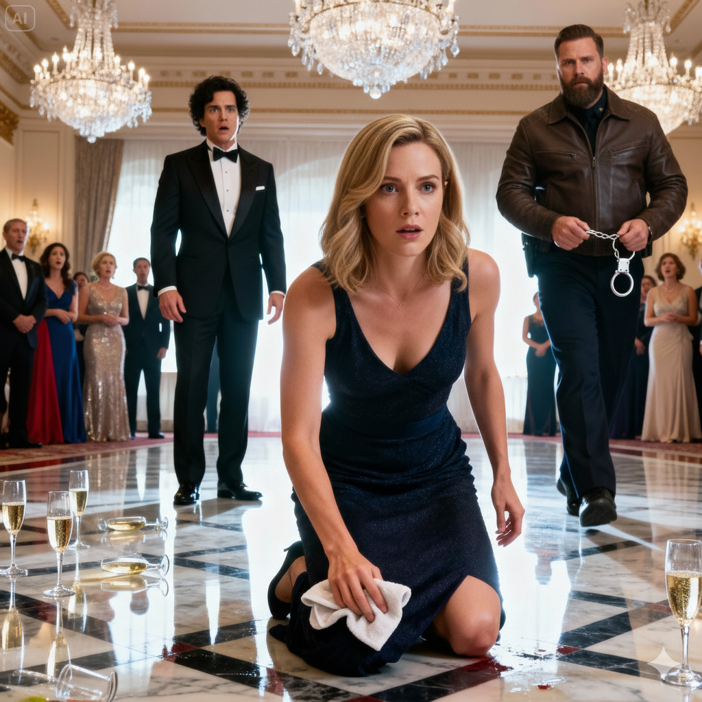 They forced me to kneel and scrub the marble floor while music and laughter filled the ballroom. My husband sneered, his mistress smirking, “Clean it properly—everyone’s watching.” I kept my head down, counting my breaths. Six minutes later, the music died. A man in uniform stepped off a private jet, handcuffs ready. As gasps erupted, I finally stood—because humiliation was never the ending.