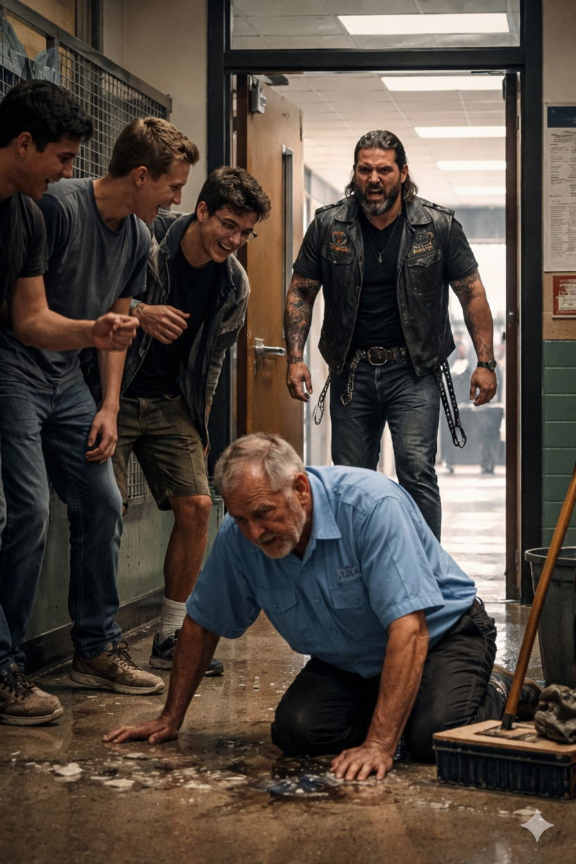 They Thought They Could Mock and Humiliate an Aging Janitor at Northbridge Prep for Their Own Amusement, Never Imagining That the Man Who Arrived Hours Before Sunrise to Quietly Clean Hallways Had a Son He Hadn’t Seen in Years, a Feared Motorcycle Club Leader, Who Was About to Witness Every Cruel Moment They Believed Would Go Unnoticed