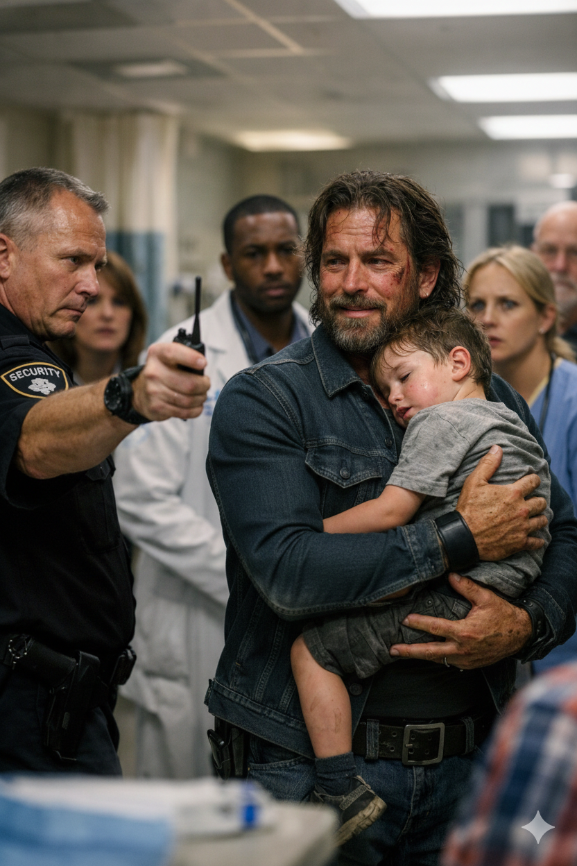 Security Had His Taser Raised at the Scarred Biker Who Burst Into the ER Holding a Feverish Child Everyone Thought Was Kidnapped — Until a Weak, Broken Whisper From the Boy Made the Entire Room Fall Silent