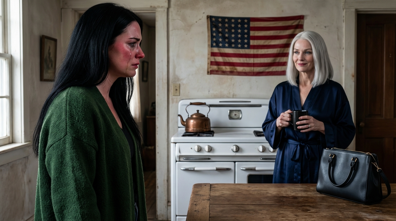 After my grandfather’s funeral, I dragged my suitcase back to the house in Waverly and found my brother’s girlfriend had already taken over a room, wearing my grandmother’s robe, laughing: “Go cry to the dead—this house is mine.” She shoved county records in my face: “Your name isn’t on the deed.” I didn’t argue, just left. That night I opened a wax-sealed box at a storage unit off Route 7… The next morning, she walked into the kitchen and froze.