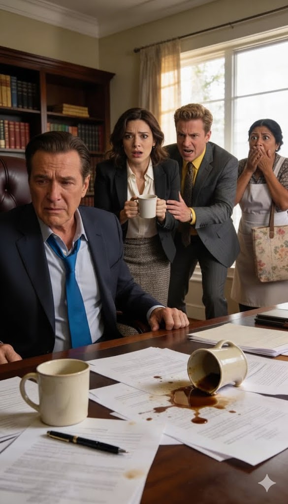 I was one signature away from giving my life’s work—my company—to my son when my daughter-in-law appeared at my elbow, setting down a fragrant cup of coffee and flashing that perfect, practiced smile. Just as the porcelain touched my lips, the maid brushed past, jostling my arm, her voice a razor-soft whisper in my ear: “Don’t drink… please, just trust me.” Cold dread cut through me; I laughed it off, swapped our cups instead. Five minutes later, she collapsed beside the table, convulsing…..